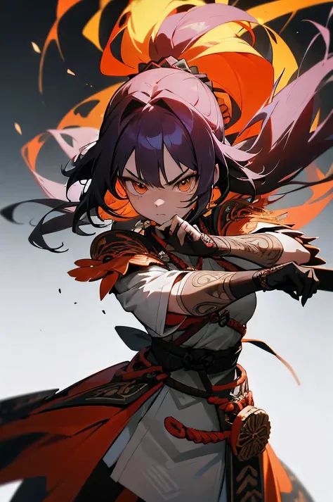 A fiercely determined anime girl with a sharp gaze, clad in intricate samurai armor adorned with vibrant colors that pop in 8K resolution. This stunning image captures her resolute expression and fierce demeanor, standing out against a detailed background....