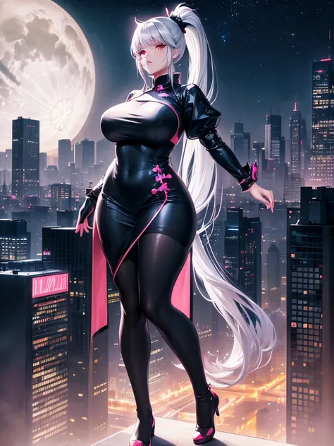 anime, (artwork, best quality, ultra-detailed, high contrast), 1 woman (Alone, full body, plus size body, standing on the edge of the skyscraper, silver hair, LONG In a ponytail, red eyes, perfect eyes ruby sparkles, (simple black qipao, black cybernetics ...