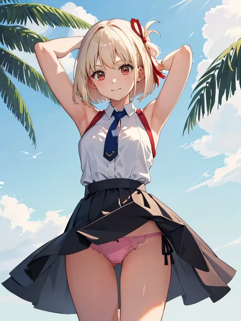 ​masterpiece, top-quality, Chisato Nishikiki、Standing picture、Platinum Blonde Hair、Anime girl with red eyes,bob cuts,Anime visuals of cute girls,Smooth Anime、an anime girl、Bikini with blue、、a straw fedora hat、Beach、mare、Staring at this、frontage、A smile、Fol...