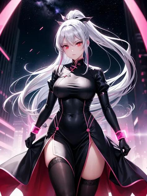 anime, (artwork, best quality, ultra-detailed, high contrast), 1 woman (Alone, full body, plus size body, standing on the edge of the skyscraper, silver hair, LONG In a ponytail, red eyes, perfect eyes ruby sparkles, (simple black qipao, black cybernetics ...