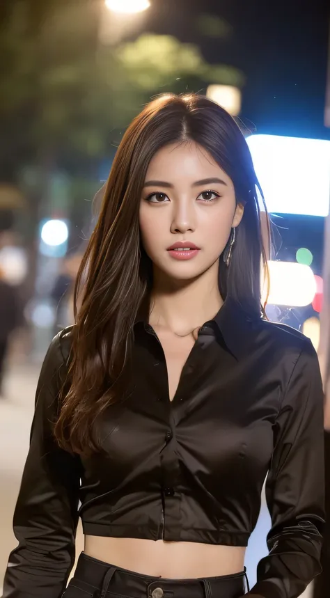 ((Realistic lighting, Best quality, 8K, Masterpiece: 1.3)), Focus: 1.2, 1girl, Perfect Figure: 1.4, Slim Abs: 1.1, ((Dark brown hair)), (shirt: 1.4), (Outdoor, Night: 1.1), City streets, Super fine face, Fine eyes, Double eyelids,