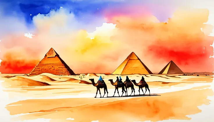 a group of people riding camels in front of the pyramids, Egypt, sunset sky, red sky, sandy ground, and a desert landscape, modern art, painting, drawing, watercolor, psychedelic colors