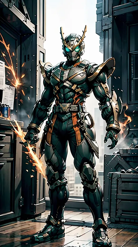 A man wearing a full-face helmet, a fantasy-style biotech armored combat suit, green eyes, (a composite layered chest armor), fully enclosed shoulder guards, matching arm and leg guards, the belt is adorned with dragon claw grasping orbs, (primarily black ...