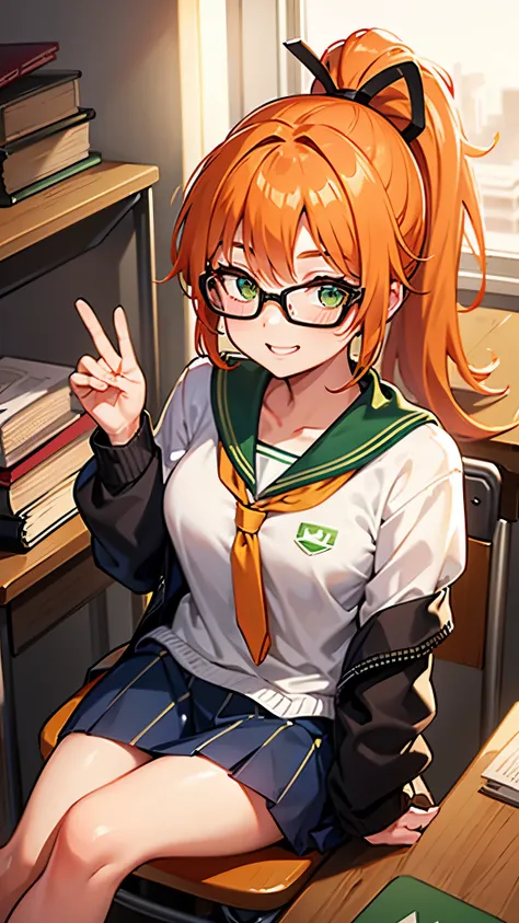 Girl, ponytail hair, orange hair, green eyes, cute girl, glasses, smile, high , classroom 