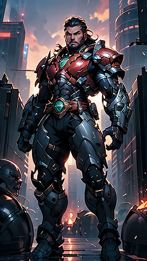 A man wearing a full-face helmet, a fantasy-style biotech armored combat suit, green eyes, (a composite layered chest armor), fully enclosed shoulder guards, matching arm and leg guards, the belt is adorned with dragon claw grasping orbs, (primarily black ...