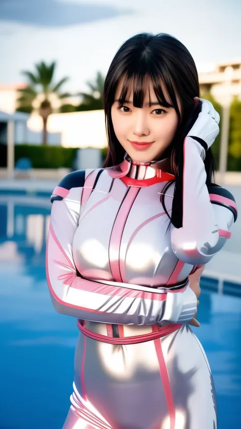 25 year old woman wearing a sexy pink and white shiny skin tight hero suit:1.5, highest quality, High resolution, 8k, One girl, Huge breasts :1.5, Pool, (bangs,Black Hair,Medium Hair), Beautifully detailed skies, Soft lighting, Wind, Shiny skin, View your ...