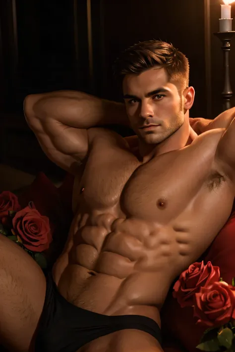 A sporty, muscular man with short hair, a youthful and handsome appearance, a rosy and healthy complexion, strong chest and abdominal muscles, dense chest hair and abdominal hair, a solid and robust physique, muscles wrapped in visible fat, no veins on the...