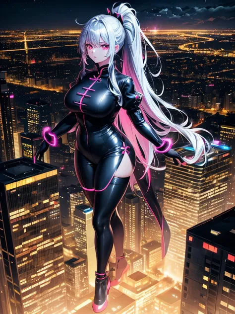 anime, (artwork, best quality, ultra-detailed, high contrast), 1 woman (Alone, full body, plus size body, standing on the edge of the skyscraper, silver hair, LONG In a ponytail, red eyes, perfect eyes ruby sparkles, (simple black qipao, black cybernetics ...