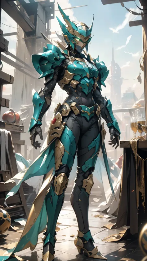 A man wearing a full-face helmet, a fantasy-style biotech armored combat suit, green eyes, (a composite layered chest armor), fully enclosed shoulder guards, matching arm and leg guards, the belt is adorned with dragon claw grasping orbs, (primarily black ...