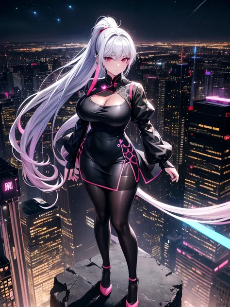 anime, (artwork, best quality, ultra-detailed, high contrast), 1 woman (alone, full body, plus size body, standing on the edge o...