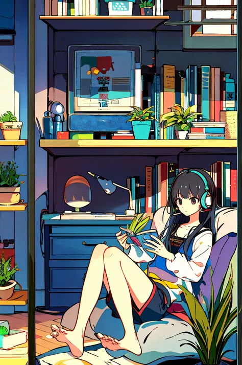 One Girl, From above, plant, Black Hair, Cat, Lying down, indoor, Holding, Long sleeve, Long Hair, 動物のstuffed toy, potted plant, Book, food, window, Telephone, Fully equipped interior, tv set, short hair, behind, stuffed toy, bangs, slipper, barefoot, Sitt...