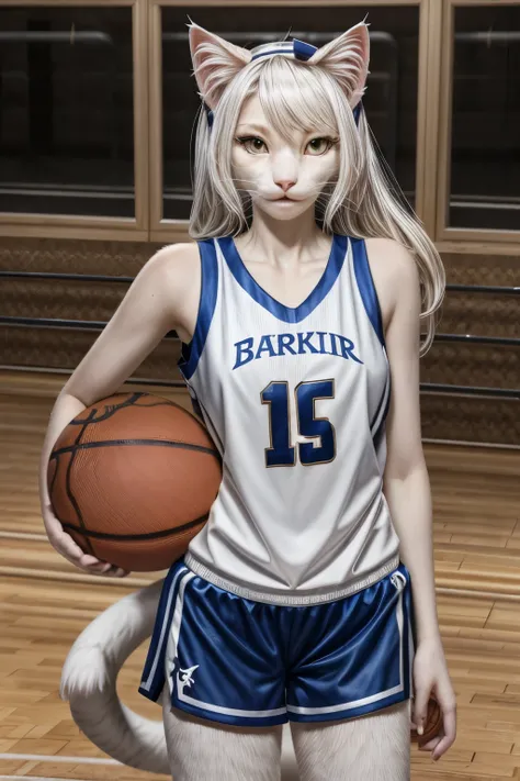 Female feline basketball player, furry white cat woman, cat ears 