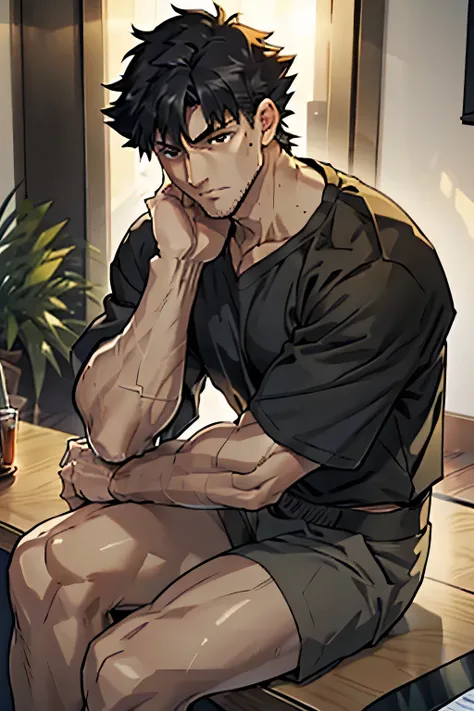 Kiritsugu Emiya is sitting in a black tshirt with short sleeves and wearing black boxershorts and is flexing his right bicep. He has many huge veins on his arms. His boxershorts are rolled up and you can see his thighs. He is admiring his thighs.