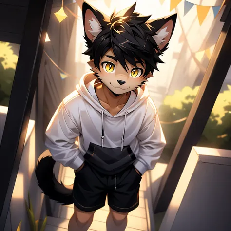 A black cat, furry, furry guy, 15 years old, 17 year old black cat, shota furry teen, whit yellow eyes, yellow eyes, black cat furry boy, Cute hoodie, cute shorts, wearing a hoodie and shorts, tween, teen, Teenager, 15 years old, Adult, twink, adult furry,...