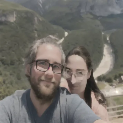 il y a un homme et une femme qui prennent un selfie ensemble, with mountains in the background, avec des mountains in the background, avec des mountains in the background, mountains in the background, dans les montagnes, epic mountains in the background, p...