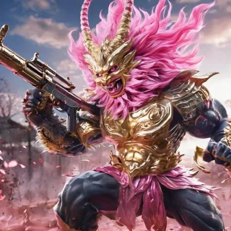 Photorealistic, Sun Wukong character in Songoku costume, gold-plated outfit, holding M134 machine gun, character is fighting monsters {headless monster, smooth-skinned monster, pink, giant, ferocious, ferocious fierce, only 1 eye, 1 eye in the abdomen, big...