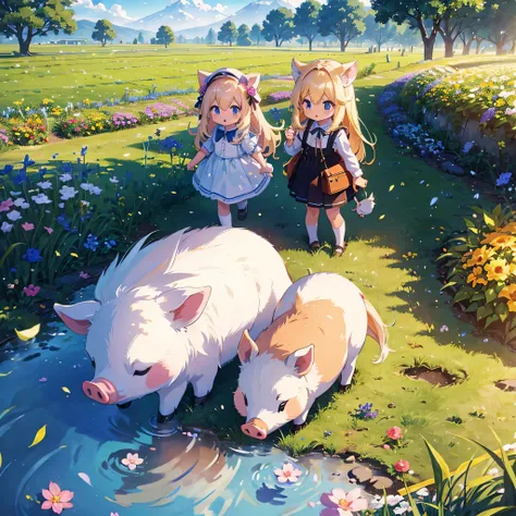 Very detailed background (very beautiful farm, lots of pigs walking around), bright and beautiful atmosphere, 3 girls (2 years old, (1 short hand), round face), (Children: 1 and a half years old) ( hair, surface effects, color effects), small breasts, blon...