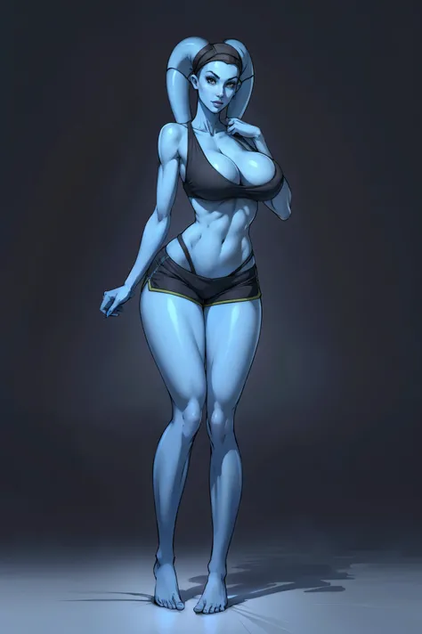 Tall, (thin), Blue Skin Twilek with (huge breasts) wearing a sports bra, shorts, huge breasts, tall, graceful, (tall), slim hips, small waist, full-body shot