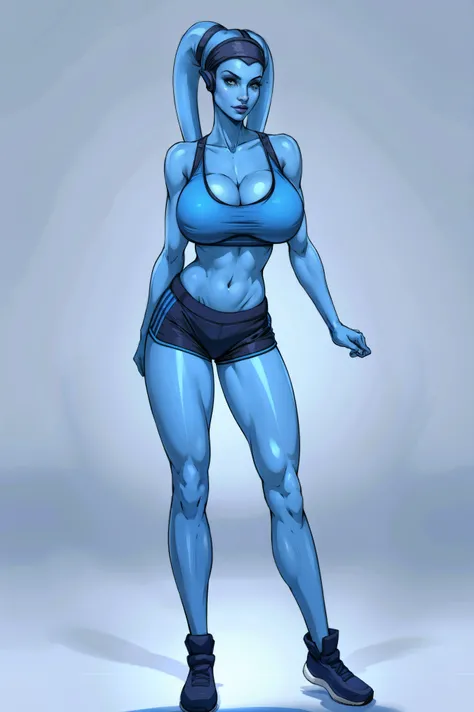 Tall, (thin), Blue Skin Twilek with (huge breasts) wearing a sports bra, shorts, huge breasts, tall, graceful, (tall), slim hips, small waist, full-body shot