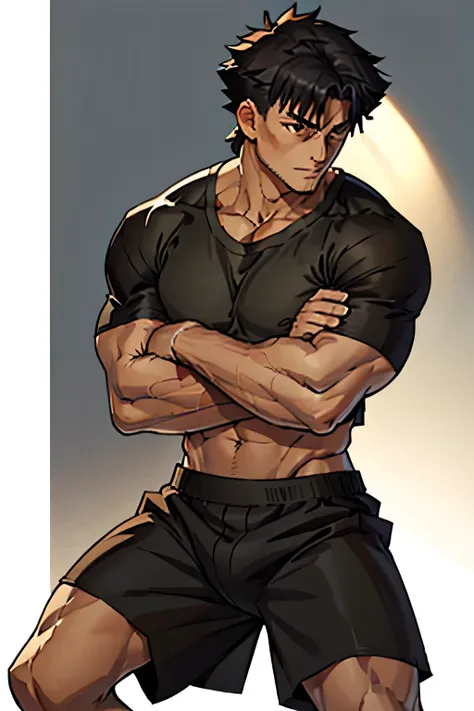 Kiritsugu Emiya is sitting shirtless and wearing black boxershorts and is flexing his right bicep. He has many huge veins on his arms. His boxershorts are rolled up and you can see his thighs.