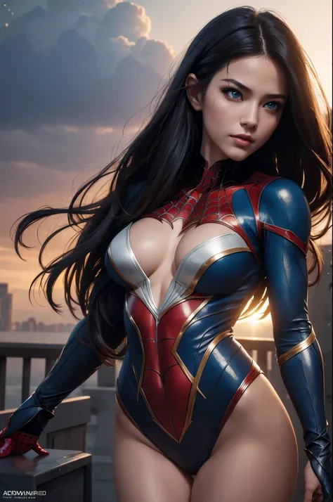 8K,Spider Girl,Super Beauty(Like the real thing),Spiderman Costume,Blue Eyes,Flexible physical ability,Perfect Anatomy,charm,Volume measurement,Body balance,super Realistic 肌,Digital single-lens reflex camera, Soft lighting, Detailed Background, Written bo...