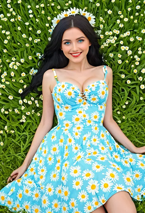 Megan1, solo, 1girl, laying in a ((field of daisies)) on bright sunny day, wearing a sun dress with a flower design, smiling, long voluminous black flowing hair, beautiful blue eyes, detailed eyes, full red lips, thin body with hourglass figure, large brea...