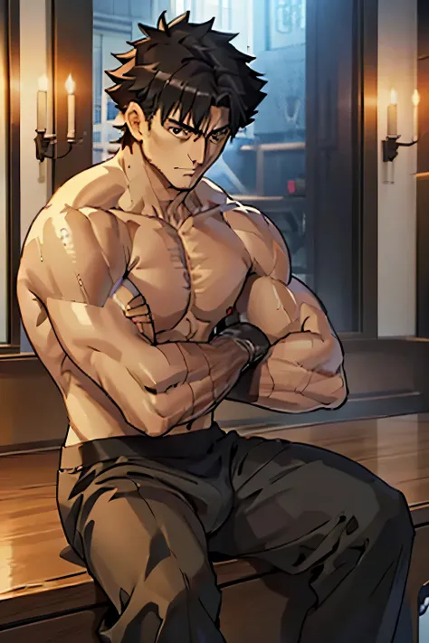 Kiritsugu Emiya is sitting shirtless and wearing black underpants and is flexing his right bicep. He has many huge veins on his arms.