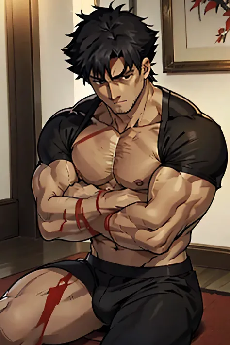 Kiritsugu Emiya is sitting shirtless and wearing black underpants and is flexing his right bicep. He has many huge veins on his arms.