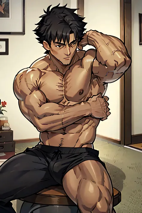 Kiritsugu Emiya is sitting shirtless and wearing black short underpants and is flexing his right bicep. He has many huge veins on his arms.