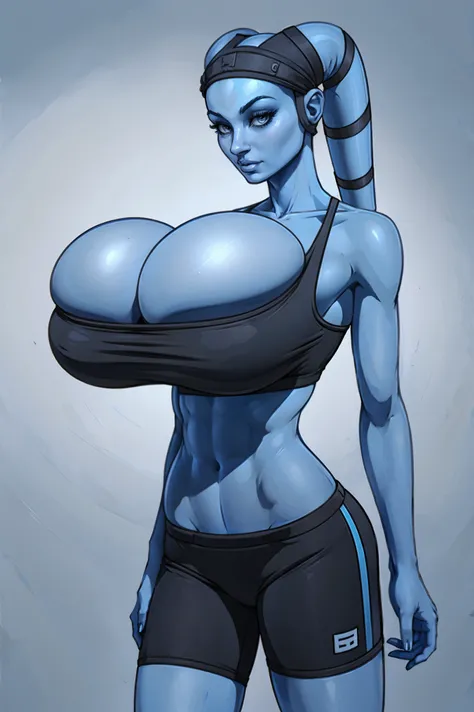 Tall, (thin), Blue Skin Twilek with (huge breasts) wearing a sports bra, shorts, huge breasts, tall, graceful, (tall), slim hips, small waist, full-body shot