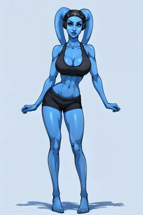 Tall, (thin), Blue Skin Twilek with (huge breasts) wearing a sports bra, shorts, huge breasts, tall, graceful, (tall), slim hips, small waist, full-body shot