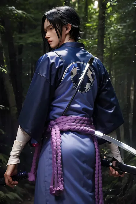 1man, reallife adaption of sasuke uchiha character, holding sword, handsome, realistic background, realistic forest background, ...