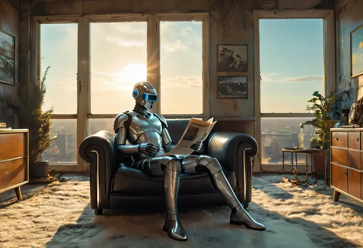 (Retro-futuristic lifestyle photography:1.5) photo of an advanced cyborg with sleek chrome details across his face reading a holographic newspaper in his ultra-modern yet nostalgic living room, decked out in stylish mid-century furniture and decor, tight u...