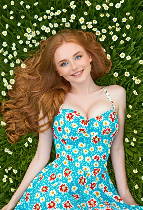 Megan1, solo, 1girl, laying in a ((field of daisies)) on bright sunny day, wearing a sun dress with a flower design, smiling, long voluminous strawberry blonde long flowing hair, beautiful blue eyes, detailed eyes, full red lips, thin body with hourglass f...