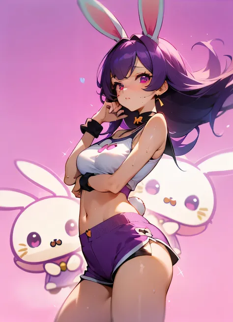 1girl,mature female,solo,happy expression,(big  breasts) purple hair, large hair,long bangs, purple bunny ears, pink eyes, soft purple eyes (pink eyes) shy expression,(chocker), Cute black sports top, Bare abdomen, ((very small shorts: 1.3)) interesting pe...