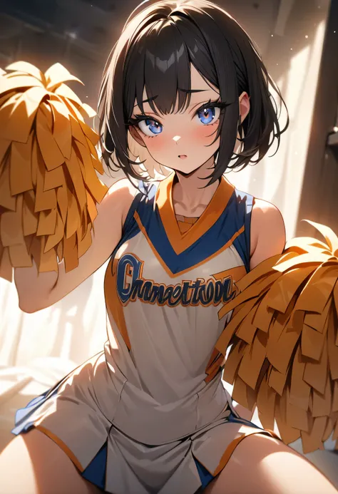 (masterpiece:1.2), (highest quality:1.2), Perfect Eyes, Perfect Face, Perfect lighting, One girl,bob, Complicated hairstyle, compensate, , Thick eyelashes, Dressed as a ,Cheerleader,open legs