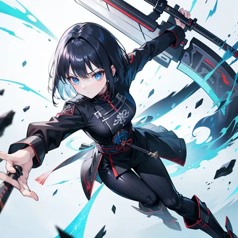 Tabletop, highest quality), (Perfect athletic body:1.2),,blue eyes、Black Hair、The inside of the hair is blue、Bobcut、Very detailed, Anime Style, whole body, Dual wields long blue great swords, Wear tech boots, 8K High Resolution, Trend Art Station, White Ba...