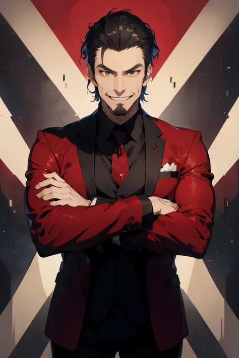 A tall imposing man in a fancy red and black poker suit, he has a vicious grin on his face