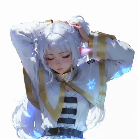 anime girl with white hair and a white dress holding her head, relaxed dwarf with white hair, guweiz, crisp clear rpg portrait, white haired deity, ayanami, anime character, detailed anime character art, anime character art, made with anime painter studio,...