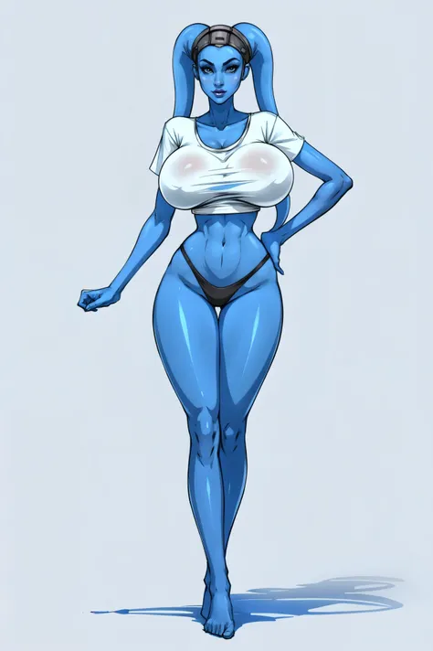 Tall, (thin), Blue Skin Twilek with (huge breasts) wearing an oversized t-shirt, panties, huge breasts, tall, graceful, (tall), slim hips, small waist, full-body shot