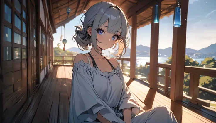 (masterpiece:1.2), (highest quality:1.2), Perfect Eyes, Perfect Face, Perfect lighting, One girl,bob, Complicated hairstyle, compensate, , Thick eyelashes, summer,Veranda,wind chimes,sitting,magnificent panorama view