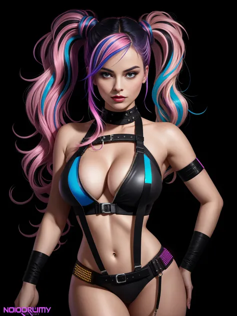 there is Margot Robbie, royal blue and bright purple neon streaked hair, hair in pony tail, 3 d neon art of a womans body, neon-noir background, cyberpunk femme fatale, seductive cyberpunk dark fantasy, cyberpunk strip clubs, cyberpunk 20 y. o model girl, ...