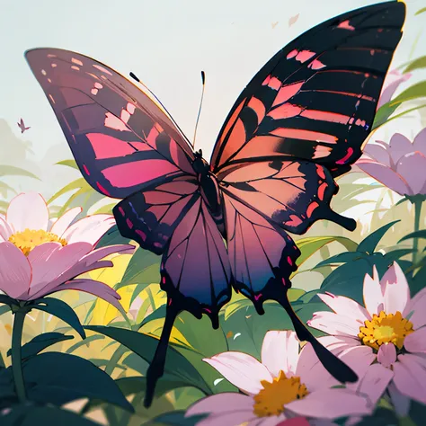 Pink buterfly flying on flowers