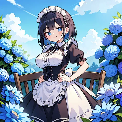 One Woman、young、blue eyes、Black Hair、Hair color with pink inner color、Short Hair、Braided hairstyle、straightened bangs、smug face、Confident expression、Large Breasts、Hands on hips、Sit on a chair、front、Upper Body、blue flower、Flower Field、sunny、blue sky、puddle、...