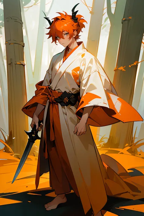 Masterpiece Quality, Perfect Generation, Detailed Eyes, , , Orange Medium Messy Spiky Hair Undercut, Hair Tied, , , , Male, , Detailed Eyes, Standing In Forest City, Facing Viewer, , Male, , Full Body, , Orange Hair, Orange Eyeliner, Horns, Muscular, Sword...