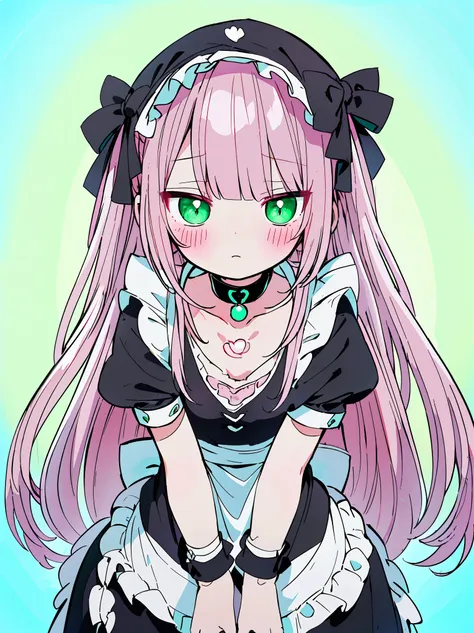 (((pearl pink hair,emerald pupils,green eyes))),((beautiful and detailed)),(blushing), (geometric:1.1),(((black maid dress with ...