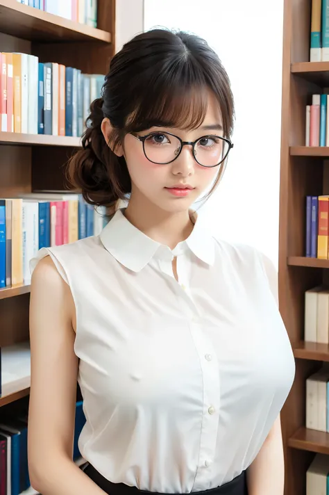 (highest quality、Tabletop、8k、Award-winning works、Ultra-high resolution、Best image quality)、One beautiful woman、(Perfect sleeveless white blouse with collar:1.2)、(White polyester sleeveless、Blouse with buttoned collar:1.3)、(Elegant black tight skirt:1.1)、(H...