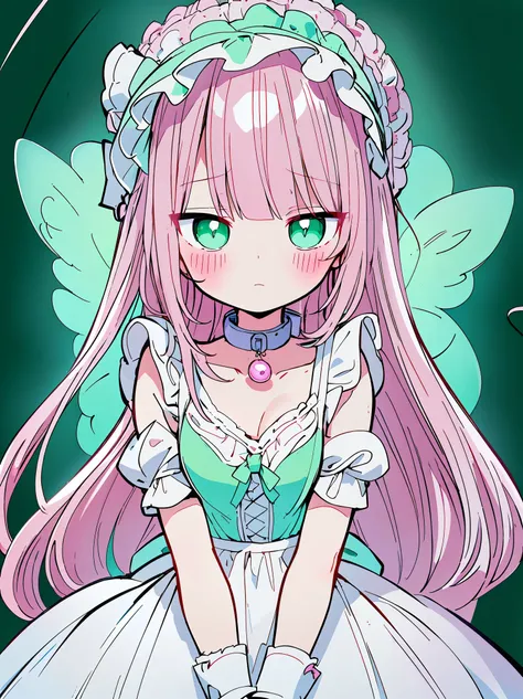 (((pearl pink hair,emerald pupils,green eyes))),((beautiful and detailed)),(blushing), (geometric:1.1),(((white lolita dress with frills,collar,hood))), ((1girl,amazing,adorable maid,solo,arms down,big big eyes)),(Masterpiece,Best quality, offcial art,frac...