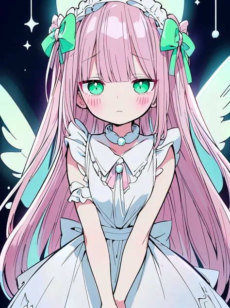 (((pearl pink hair,emerald pupils,green eyes))),((beautiful and detailed)),(blushing), (geometric:1.1),(((white lolita dress with frills,neck collar)), ((1girl,amazing,adorable maid,solo,arms down,big big eyes)),(Masterpiece,Best quality, offcial art,fract...