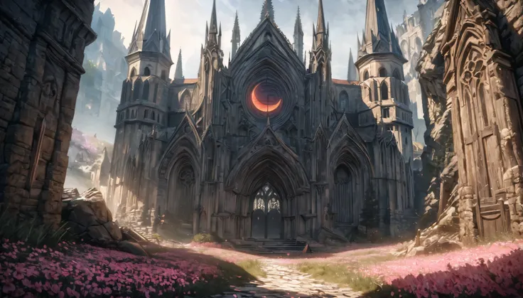 anime aestetics, fantasy landscape, medieval cathedral, broken walls, tall old wooden doors, black old broiks, broken road leading to the old cathedral, red solar eclipse, a lot of pink flowers with pointy petals, dark souls 3 eclipse, wide shot, front vie...